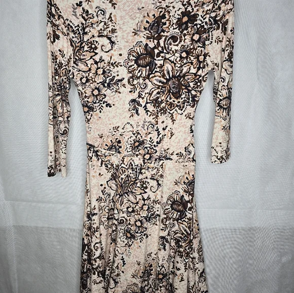 Garnet Hill Faux Wrap Dress Neutral Ivory Brown Floral Knee Length 3/4 Sleeve XS - Picture 6 of 12